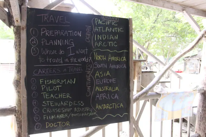 A blackboard lesson about places in the world and the jobs that take you there