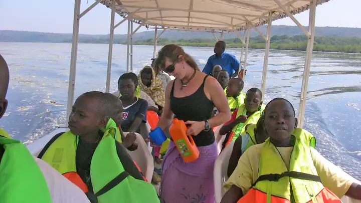 Students in life jackets on the boat ride up the Nile